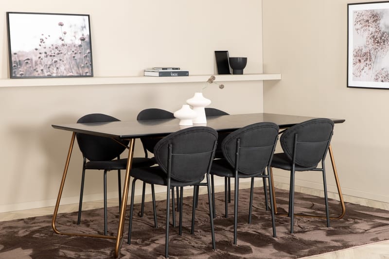 Pipi Spisebordssæt 190 cm inkl 6 Moncoll Stole, Sort/Kobber