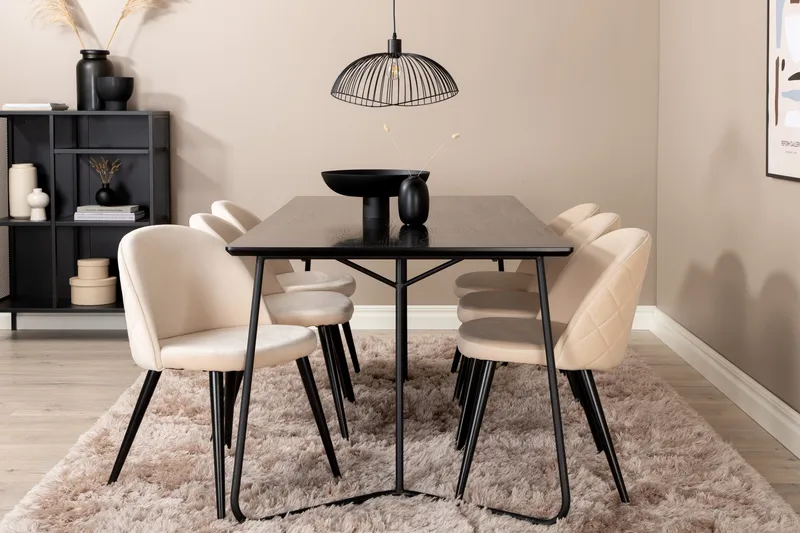 Pipi Spisebordssæt 190 cm inkl 6 Velvets Stole, Sort