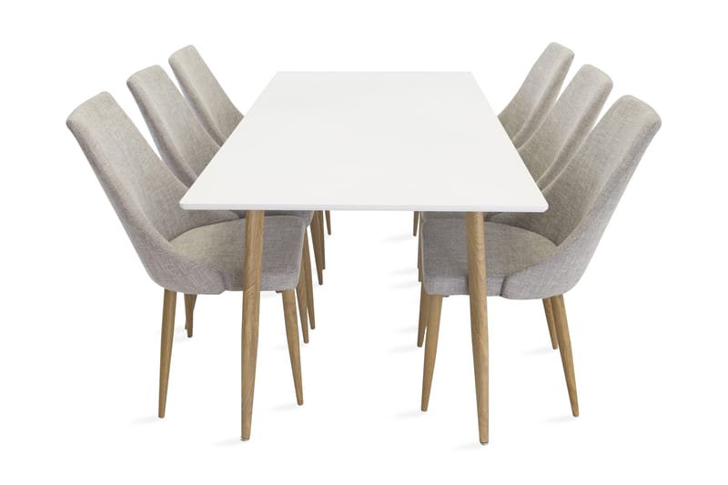 Pontus spisebordssæt 180 cm med 6 Ludvig Stol - Hvid / Eg / Lysegrå - Spisebordssæt