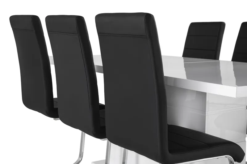 Ratliff Spisebordssæt 180 cm + 6 Stole Udtrækkeligt med Tillægsplade - Hvid / Sort PU / Krom - Møbler - Borde - Spisebordssæt