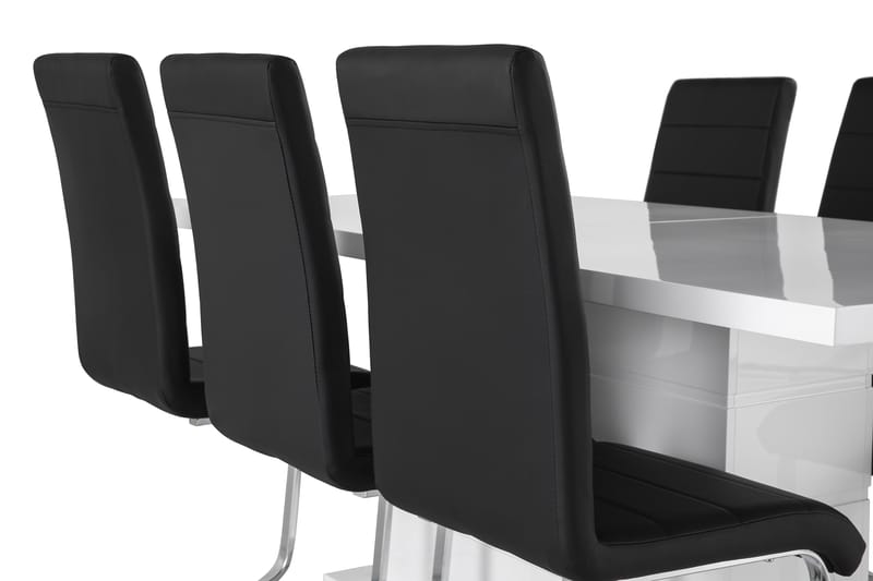 Ratliff Spisebordssæt 180 cm + 6 Stole Udtrækkeligt med Tillægsplade - Hvid / Sort PU / Krom - Møbler - Borde - Spisebordssæt