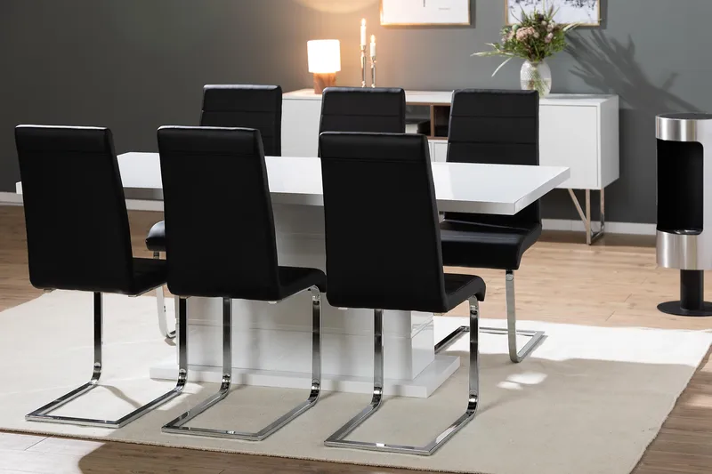 Ratliff Spisebordssæt 180 cm + 6 Stole Udtrækkeligt med Tillægsplade - Hvid / Sort PU / Krom - Møbler - Borde - Spisebordssæt