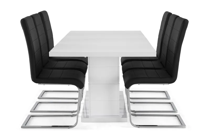 Ratliff Spisebordssæt 180 cm + 6 Stole Udtrækkeligt med Tillægsplade - Hvid / Sort PU / Krom - Møbler - Borde - Spisebordssæt