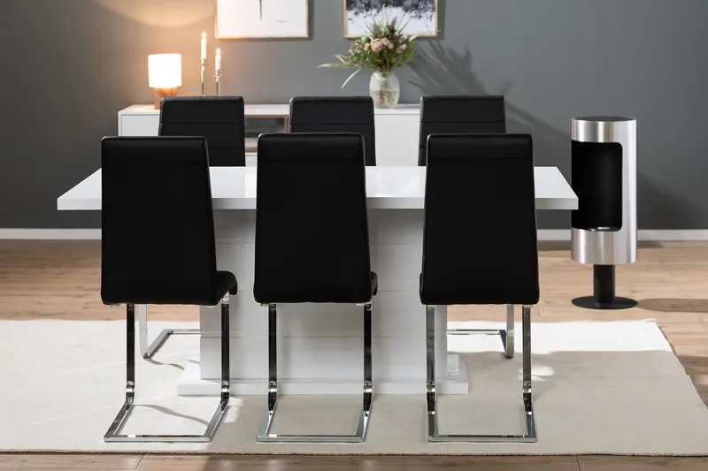 Ratliff Spisebordssæt 180 cm + 6 Stole Udtrækkeligt med Tillægsplade - Hvid / Sort PU / Krom - Møbler - Borde - Spisebordssæt