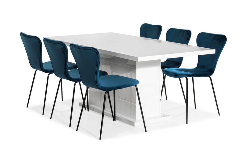 Ratliff Spisebordssæt 180 cm med 6 Perco Stole - Hvid/Blå - Spisebordssæt