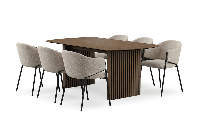 Richeto spisebord 180 cm med 6 Filip spisestole, Røget eg / Taupe bouclé