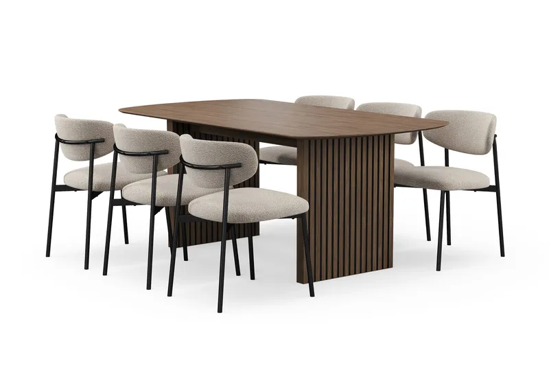 Richeto spisebord 180 cm med 6 Lucy spisestole, Røget eg / Greige bouclé