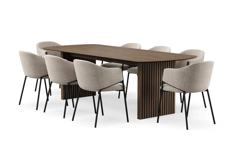 Richeto spisebord 240 cm med 8 Filip spisestole, Røget eg / Taupe bouclé