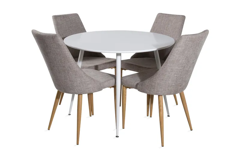 Ridones Spisebordssæt 100 cm Rund inkl 4 Ludvig Stole, Hvid/Lysegrå/Eg