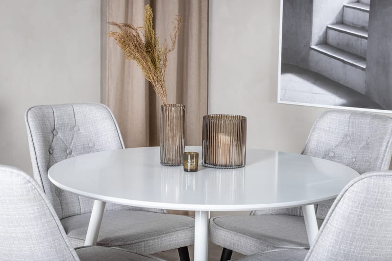 Ridones Spisebordssæt 100 cm Rund inkl 4 Valera Stole - Hvid/Grå - Møbler - Borde - Spisebordssæt