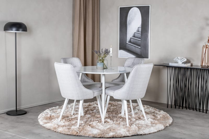 Ridones Spisebordssæt 100 cm Rund inkl 4 Valera Stole - Hvid/Grå - Møbler - Borde - Spisebordssæt