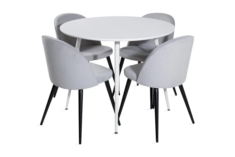 Ridones Spisebordssæt 100 cm Rund inkl 4 Valeri Manchesterst, Hvid/Grå