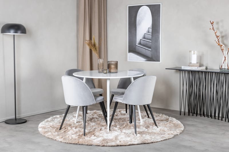 Ridones Spisebordssæt 100 cm Rund inkl 4 Valerie Velourstole - Hvid/Lysegrå - Møbler - Borde - Spisebordssæt