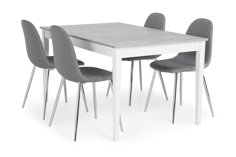 Romeo Spisebordssæt 140 cm Beton med 4 Nibe Stole - Hvid/Grå/Krom - Spisebordssæt