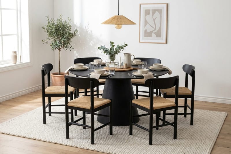 Siena Matgruppe rund 150 cm Sort med 6 Malte Spisestole - Møbler - Borde - Spisebordssæt