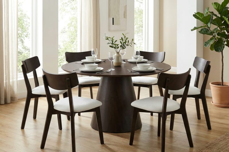 Siena spisegruppe 130 cm rund i røget eg med 6 Amelia spisestole med hynde - Røget eg/Beige - Møbler - Borde - Spisebordssæt