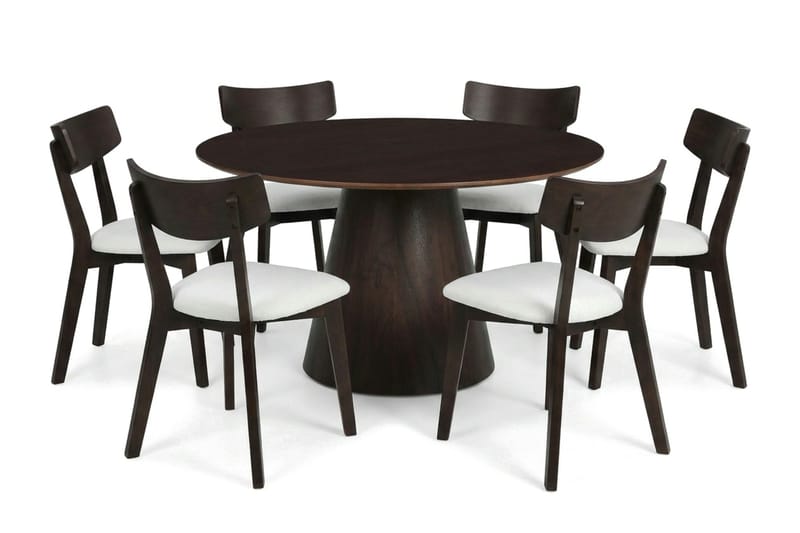 Siena spisegruppe 130 cm rund i røget eg med 6 Amelia spisestole med hynde, Røget eg/Beige