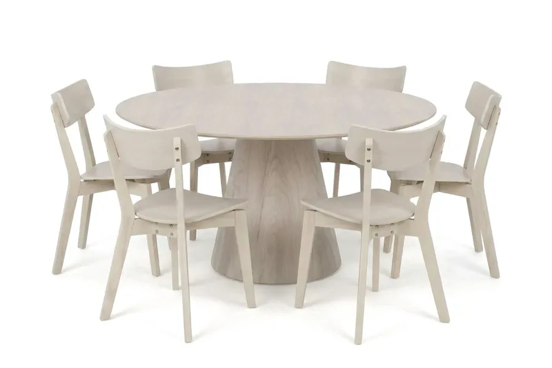 Siena spisegruppe 150 cm rund hvidlaseret med 6 Amelia spisestole, Hvidolieret