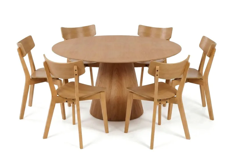 Siena spisegruppe 150 cm rund i eg med 6 Amelia-spisestole, Eg