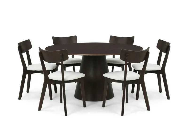 Siena spisegruppe 150 cm rund i røget eg med 6 Amelia spisestole med hynde, Røget eg/Beige