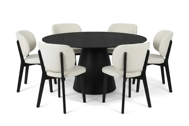 Siena spisegruppe 150 cm rund i sort med 6 Eira-spisestole, Sort