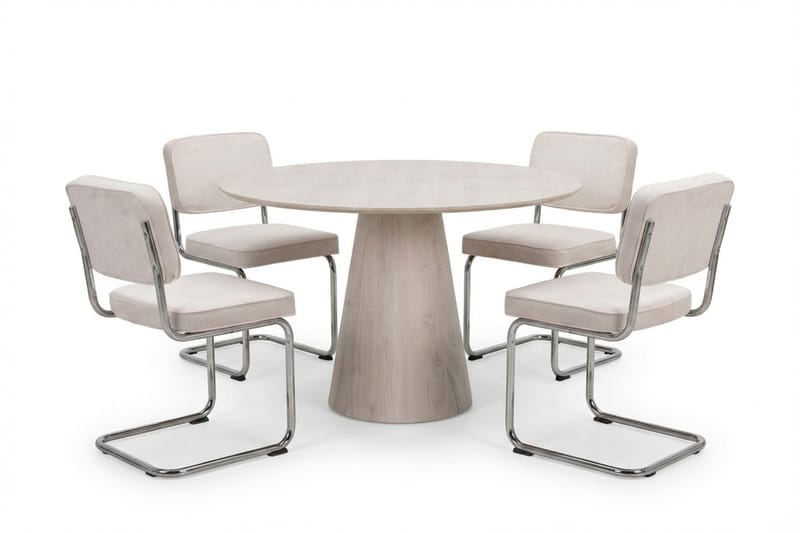 Siena spisegruppe rund 110 cm hvidlaseret med 4 Milva spisestole, Hvidlaseret/Beige/krom
