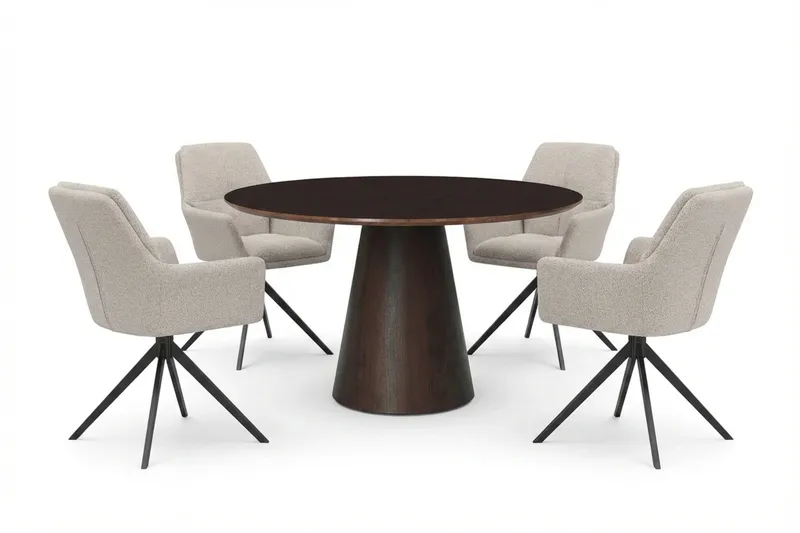 Siena spisegruppe rund 110 cm røget eg med 4 Torsby spisestole, Røget eg