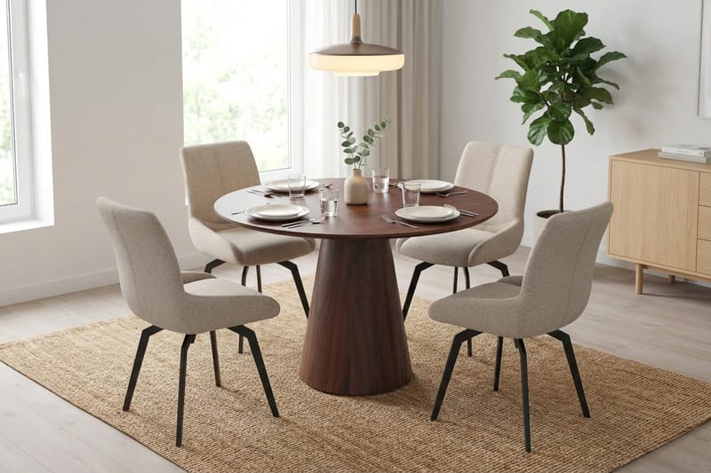 Siena spisegruppe rund 110 cm valnød med 4 Mora spisestole - Valnød - Møbler - Borde - Spisebordssæt