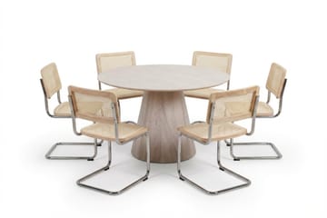 Siena spisegruppe rund 130 cm hvidlaseret med 6 Build spisestole - Hvidlaseret/Natur/krom - Møbler - Borde - Spisebordssæt