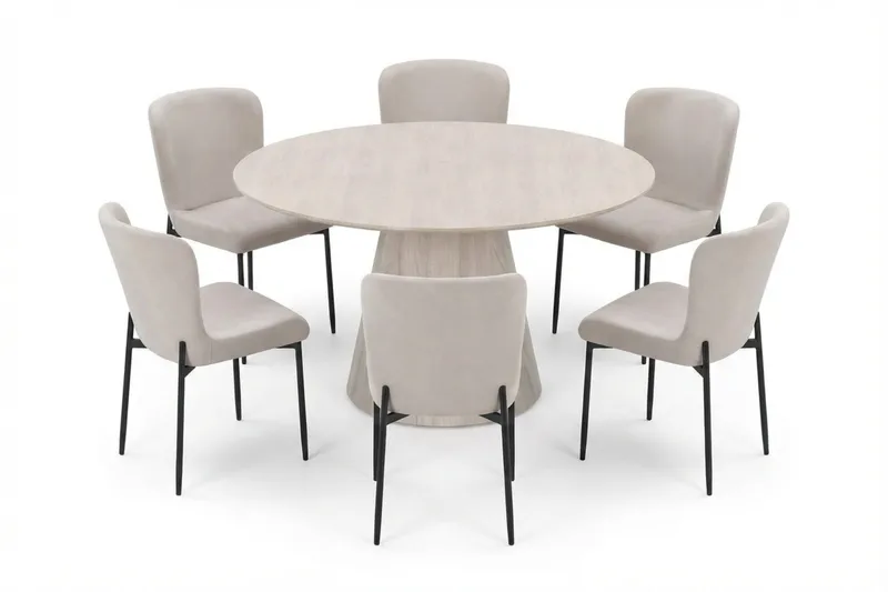 Siena spisegruppe rund 130 cm hvidlaseret med 6 Elsie-spisestole, Hvidlaseret/Beige