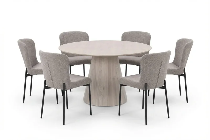 Siena spisegruppe rund 130 cm hvidlaseret med 6 Elsie-spisestole, Hvidlaseret/Lysegrå