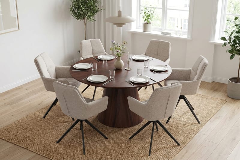 Siena spisegruppe rund 130 cm valnød med 6 Torsby spisestole - Valnød - Møbler - Borde - Spisebordssæt