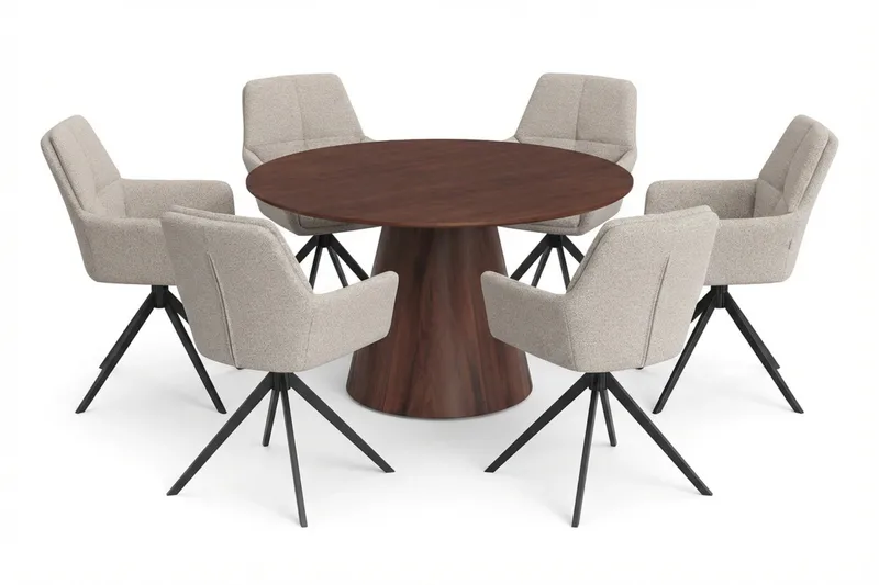 Siena spisegruppe rund 130 cm valnød med 6 Torsby spisestole, Valnød