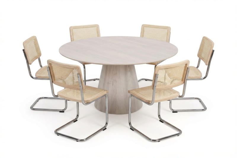 Siena spisegruppe rund 150 cm hvidlaseret med 6 Build spisestole - Hvidlaseret/Natur/krom - Møbler - Borde - Spisebordssæt