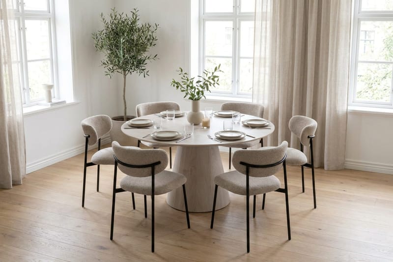 Siena spisegruppe rund 150 cm Hvidlaseret med 6 Lucy-spisestole - Hvidlaseret - Møbler - Borde - Spisebordssæt