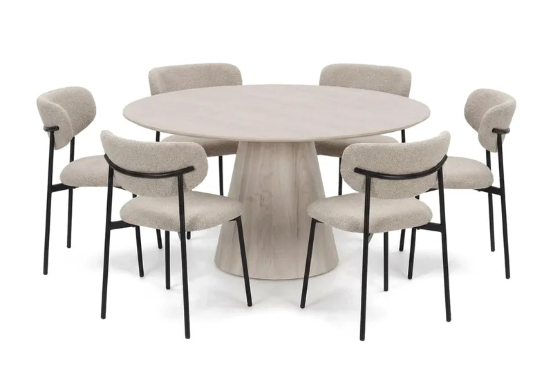 Siena spisegruppe rund 150 cm Hvidlaseret med 6 Lucy-spisestole, Hvidlaseret