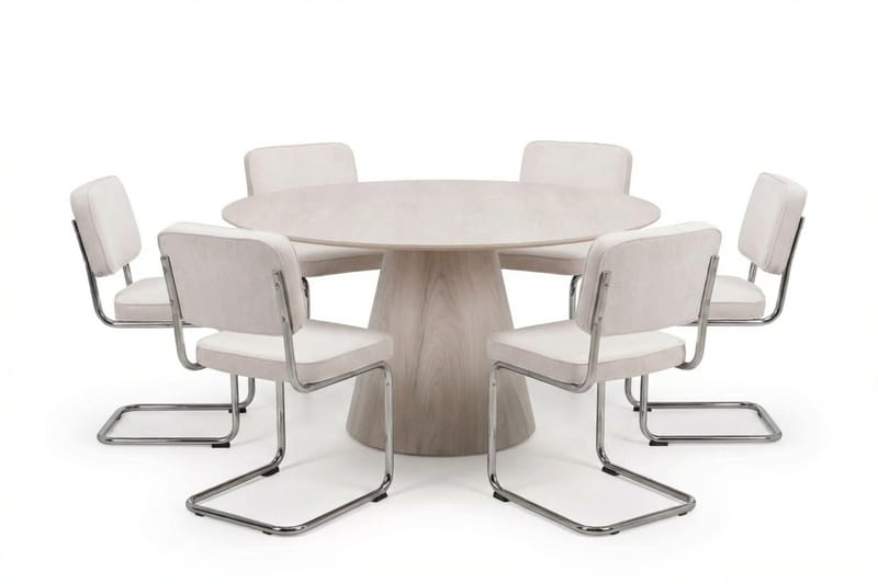 Siena spisegruppe rund 150 cm hvidlaseret med 6 Milva spisestole, Hvidlaseret/Beige/krom