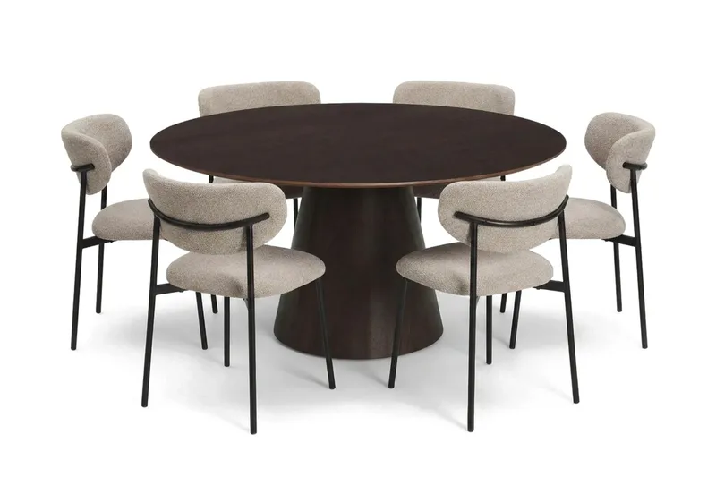 Siena spisegruppe rund 150 cm Røget eg med 6 Lucy-spisestole, Røget eg