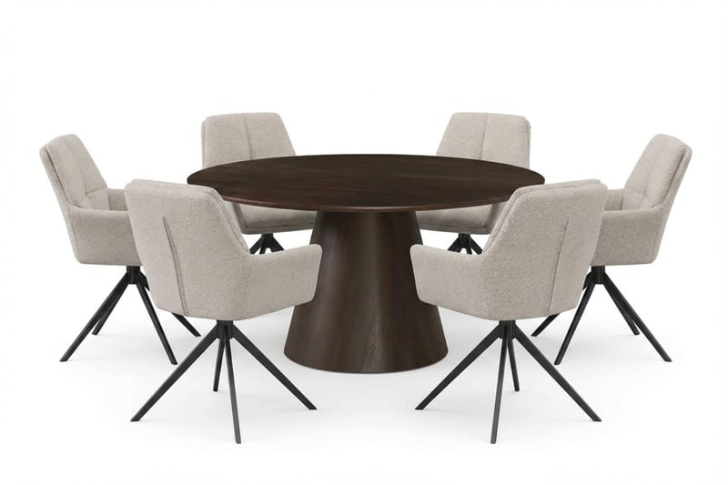 Siena spisegruppe rund 150 cm Røget eg med 6 Torsby spisestole, Røget eg