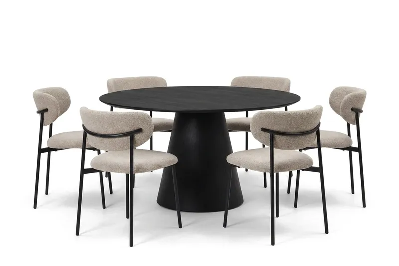 Siena spisegruppe rund 150 cm Sort med 6 Lucy-spisestole, Sort
