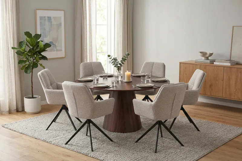 Siena spisegruppe rund 150 cm Valnød med 6 Torsby spisestole - Valnød - Møbler - Borde - Spisebordssæt