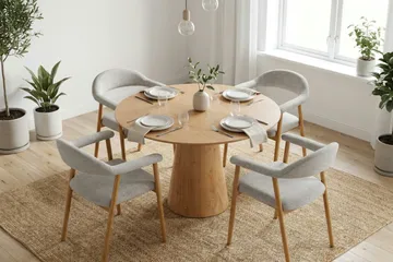 Siena spisegruppe rundt 110 cm eg med 4 Ronja spisestole - Sand/Eg - Møbler - Borde - Spisebordssæt