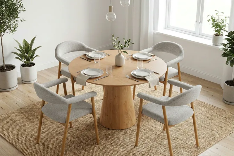 Siena spisegruppe rundt 110 cm eg med 4 Ronja spisestole - Sand/Eg - Møbler - Borde - Spisebordssæt