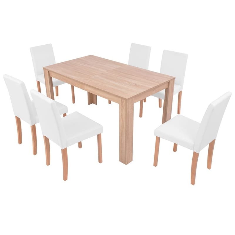 Spisebord Og -Stole 7 Dele Kunstlæder Egetræ Cremefarvet - Brun - Spisebordssæt