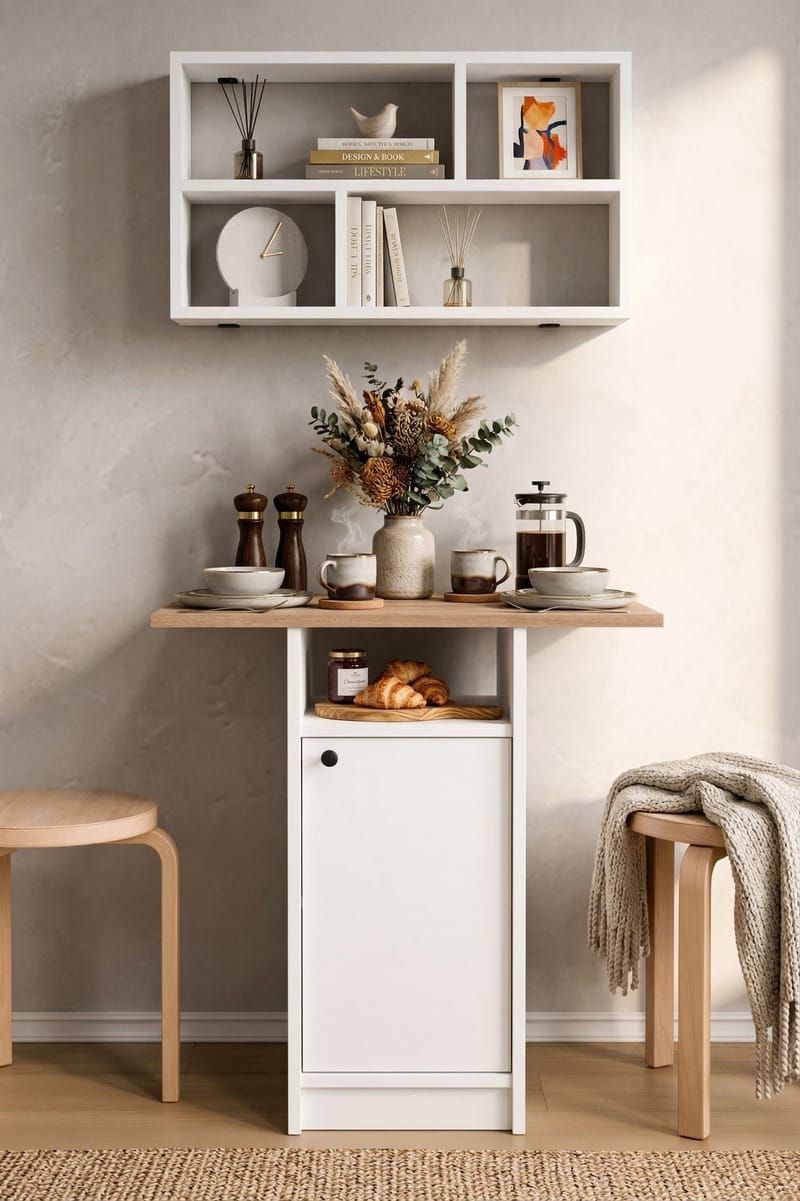 Spisebord- og væghyldesæt (2 dele) Hanah Home Nord (72 x 73,8 x 44,5 cm) Hvid eg - Hvid og eg - Møbler - Borde - Spisebordssæt