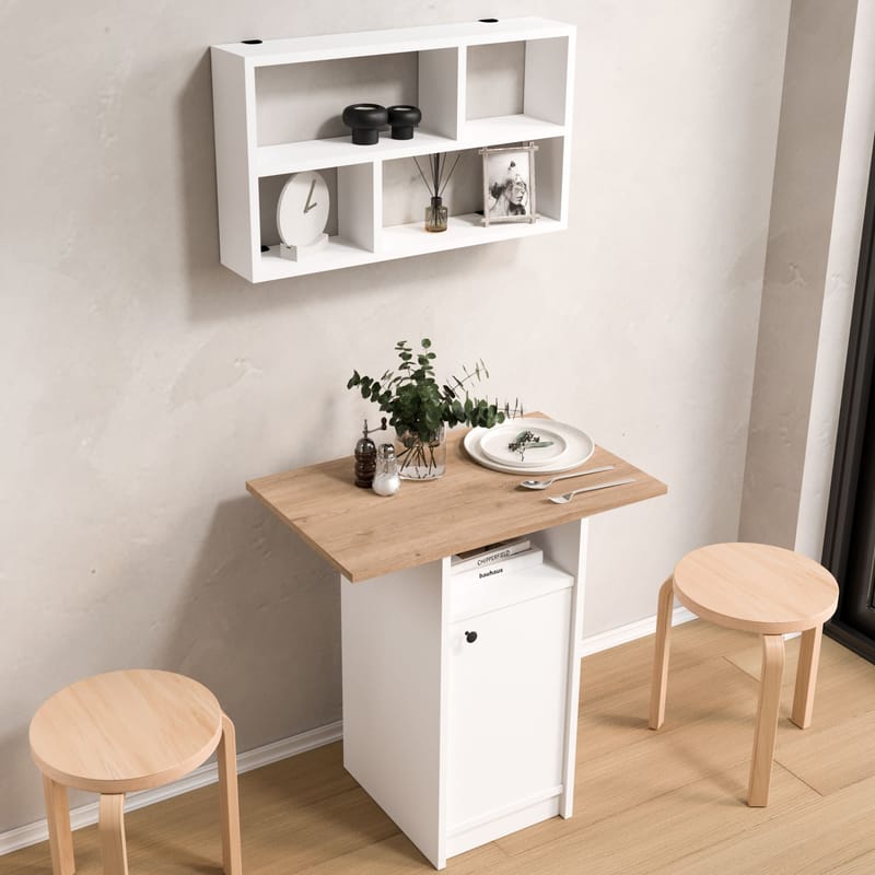 Spisebord- og væghyldesæt (2 dele) Hanah Home Nord (72 x 73,8 x 44,5 cm) Hvid eg - Hvid og eg - Møbler - Borde - Spisebordssæt