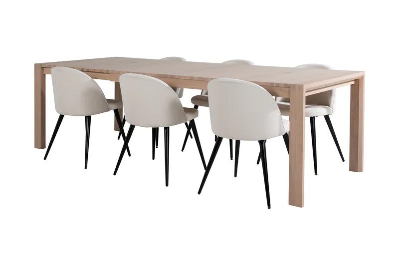 Spisebordssæt Algarmejo Udvideligt 170cm inkl 6 Valera Stol, Hvid/Sort/Beige/Manchester