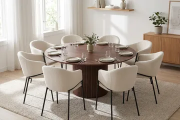 Spisebordssæt Bark Kopparbo 180 cm Valnød Hvid Bouclé Rund 8 - Valnød - Møbler - Borde - Spisebordssæt
