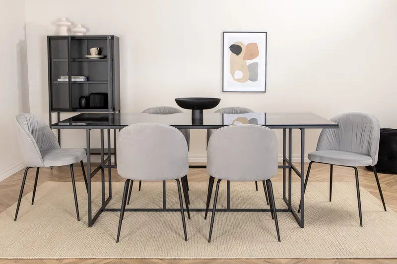 Spisebordssæt Leria 200 cm inkl 6 Foyos Stole, Glas/Sort/Grå