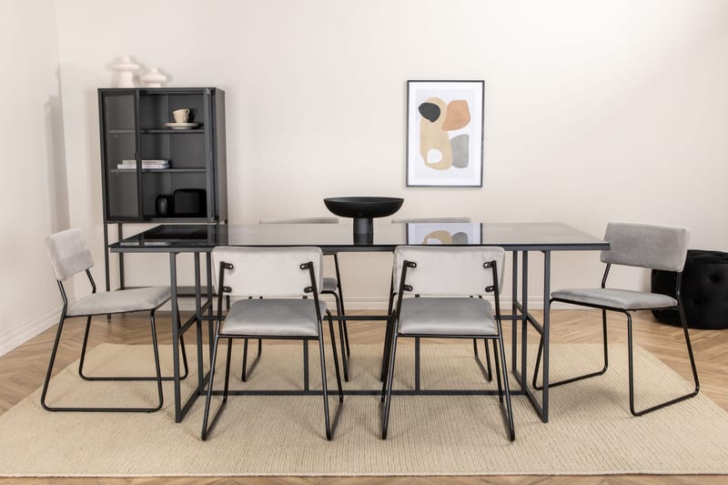 Spisebordssæt Leria 200 cm inkl 6 Kenth Velourstole, Glas/Sort/Lysegrå